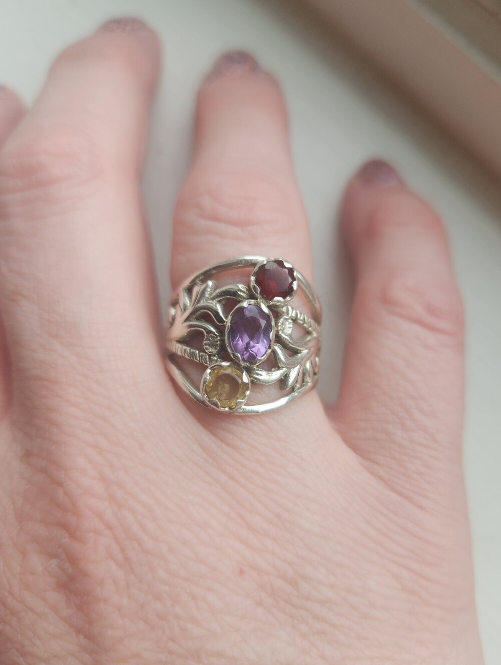 Sterling Silver Multi-Gemstone Statement Ring- Amethyst, Citrine, Garnet, Sz 9